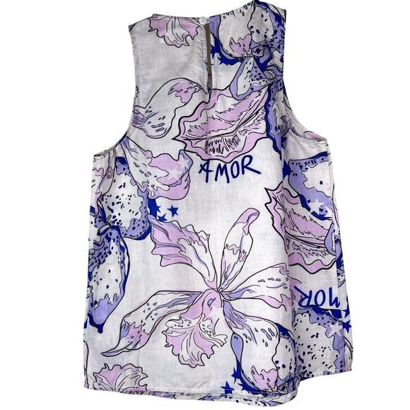 Las Surenas Amor Embroidered Printed Linen Cotton Tank Top Floral Blue Pink SM - Picture 5 of 6